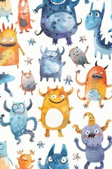 Cartoon monsters in a playful watercolor style, arranged randomly on white