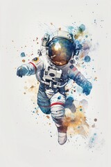 Charming watercolor chibi astronaut floating through space, on white background - obrazy, fototapety, plakaty