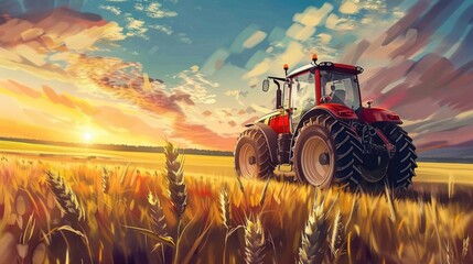 A painting of a tractor in a wheat field. Suitable for agricultural concepts