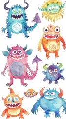 Muurstickers Monster Colorful and playful cartoon monsters in watercolor, set against white