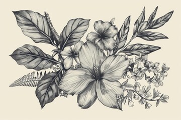 Vintage Botanical Illustration of Exotic Flowers and Leaves, Detailed Hand-Drawn Sketch Style - obrazy, fototapety, plakaty