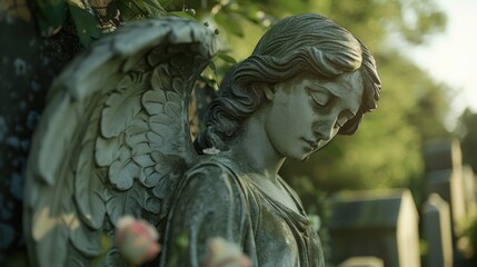 A serene angel statue standing in a peaceful cemetery. Suitable for memorial or spiritual themes