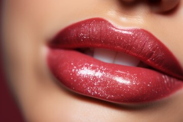 Close up of woman's lips with red glitter lipstick - obrazy, fototapety, plakaty
