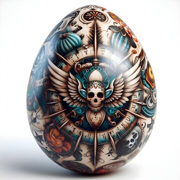 Happy Easter, illustration Easter Eggs covered in a variety of hyperrealistic shiny 3D tattoo images