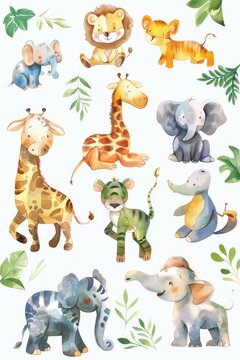 Cute zoo creatures in random, playful setups, painted in watercolors on white