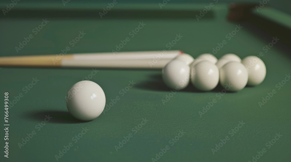 Poster A pool table with a cue stick and colorful balls. Suitable for sports or leisure concepts