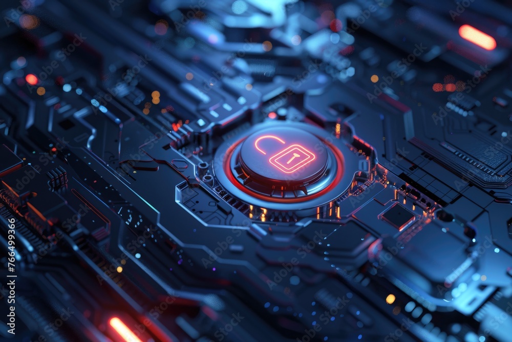 Poster Close-up of a circuit board with a prominent red button. Ideal for technology and innovation concepts