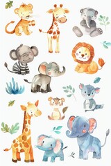 Joyful watercolor sketches of zoo animals in cute arrays, highlighted on white