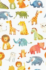 Obraz premium Joyful watercolor sketches of zoo animals in cute arrays, highlighted on white