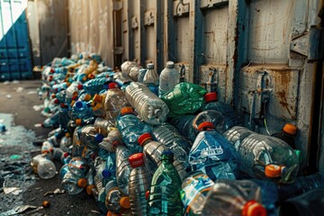 Pile of empty plastic bottles near a building, suitable for environmental concept