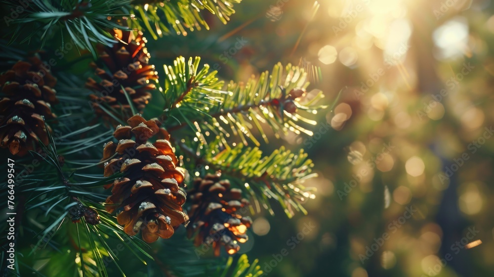 Poster close up of pine cones on a tree, suitable for nature backgrounds