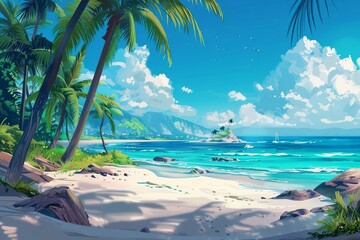 Fototapeta na wymiar Vibrant Tropical Paradise with Palm Trees, Turquoise Waters, and Sandy Beaches, Idyllic Vacation Scene Digital Illustration