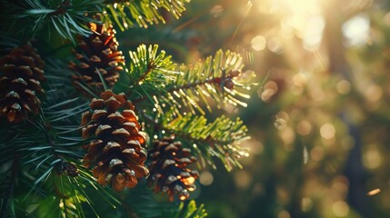 Close up of pine cones on a tree, suitable for nature backgrounds - Powered by Adobe