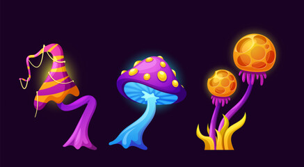 Fantasy Fairy Magic Mushrooms, Cartoon Vector Fungi Plants. Natural Fairytale Toadstool Game Assets, Poisonous Fungus