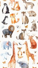 Randomly gathered cute zoo animals, depicted with watercolor finesse on white