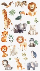 Randomly gathered cute zoo animals, depicted with watercolor finesse on white