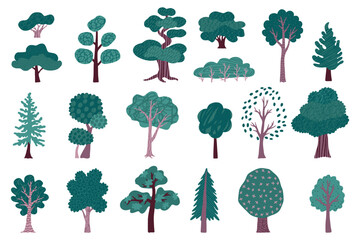Simple trees. Forest silhouette icons, plant pine and bush trunk design, brown branch and green leaves, modern environment set. Summer park botany, vector cartoon flat isolated illustration