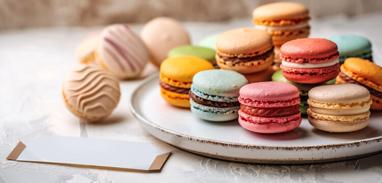 Brightly colored macarons on a platter, isolated on white background, blank label.
