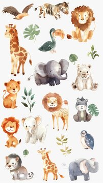 Randomly gathered cute zoo animals, depicted with watercolor finesse on white