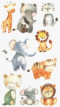 Randomly placed cute zoo animals, rendered in gentle watercolors on white