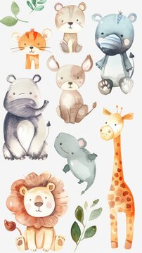 Randomly placed cute zoo animals, rendered in gentle watercolors on white