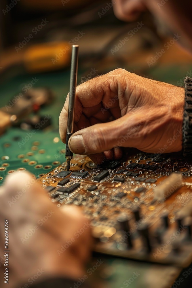 Poster A man is shown working on a circuit board. Suitable for technology and engineering concepts