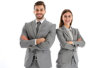 Business people group team standing folded hand smile, businessman and businesswoman wear gray suit Isolated over white backgroundisolated on solid white background.