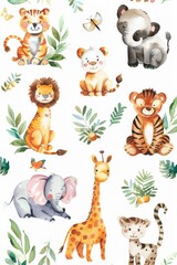Obraz premium Watercolor art of adorable zoo animals in varied scenes on a pure white background