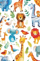 Naklejka premium Watercolor art of adorable zoo animals in varied scenes on a pure white background