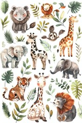 Fototapeta premium Watercolor art of adorable zoo animals in varied scenes on a pure white background