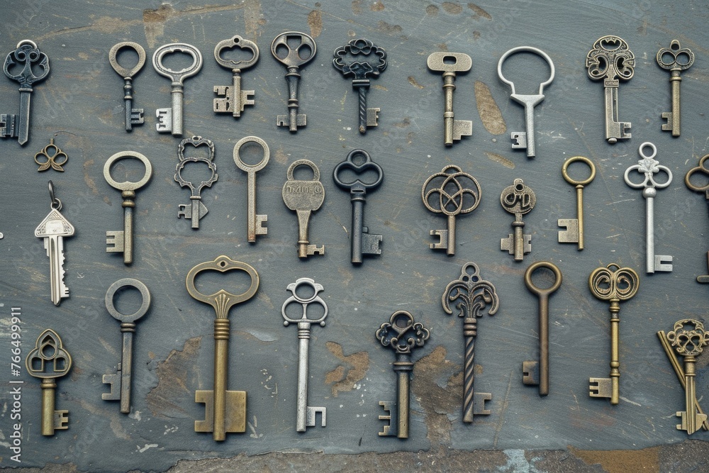 Poster a bunch of old keys on a table, suitable for various themes