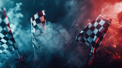 Red and black checkered flag blowing smoke. Suitable for sports events or racing themes - obrazy, fototapety, plakaty