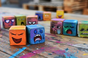 A group of wooden blocks with painted faces. Perfect for educational and creative projects