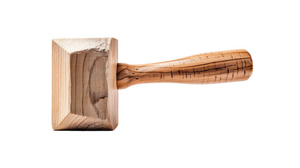 A wooden mallet with a handle resting on a pristine white background