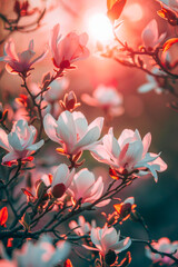 Branches of a blooming magnolia in the sunset rays