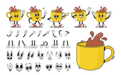 Cartoon Yellow Groovy Cup of Tea or Coffee Drink Character Creation Kit. Vector Collection of Porcelain Mug Animation