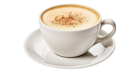A beautifully crafted cup of cappuccino delicately rests on a delicate saucer