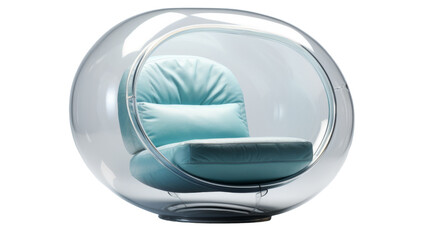 A wooden chair sits gracefully inside of a clear glass sphere, creating a magical and ethereal scene