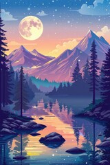 A serene mountain landscape with a shimmering lake under the full moon. Ideal for nature-themed designs