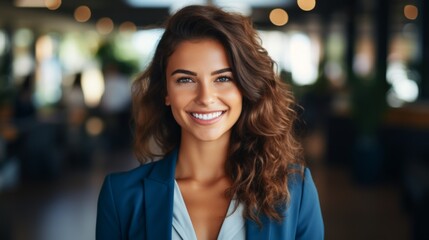 Portrait of a young businesswoman smiling in a restaurant - obrazy, fototapety, plakaty