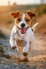 A brown and white dog running on a dirt road. Suitable for pet-related designs