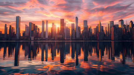 Fototapeta premium Majestic City Silhouette at Dusk with Glowing Skyscrapers