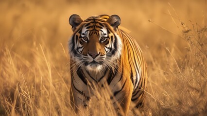 Dans les hautes herbes de la savane, un tigre avance furtivement, sa silhouette puissante se fondant dans le paysage, révélant sa grâce prédatrice. - obrazy, fototapety, plakaty