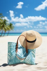 Fototapeta na wymiar Beach accessories on white sand with palm trees and blue ocean in background