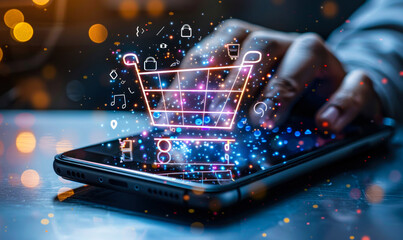 Consumer Engaging in Online Shopping with a Holographic Shopping Cart and Sale Icons Displayed Above Smartphone - obrazy, fototapety, plakaty