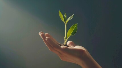 Fototapeta na wymiar A hand tenderly holding a sprouting plant, representing environmental consciousness