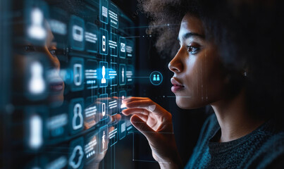 Conceptual Network of Digital Customer Profiles Displayed Through a Transparent Screen by a Business Professional
