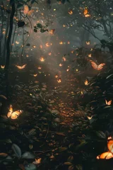 Foto op Plexiglas A dark forest with an abundance of butterflies. Ideal for nature-themed designs © Fotograf