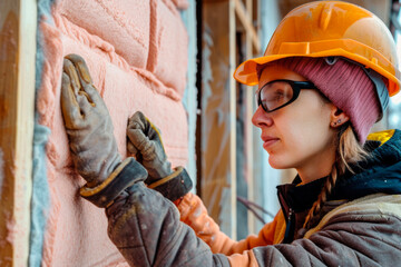 A worker carries out work on insulating a house - obrazy, fototapety, plakaty