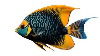 A vibrant blue and yellow fish swimming gracefully in a white abyss